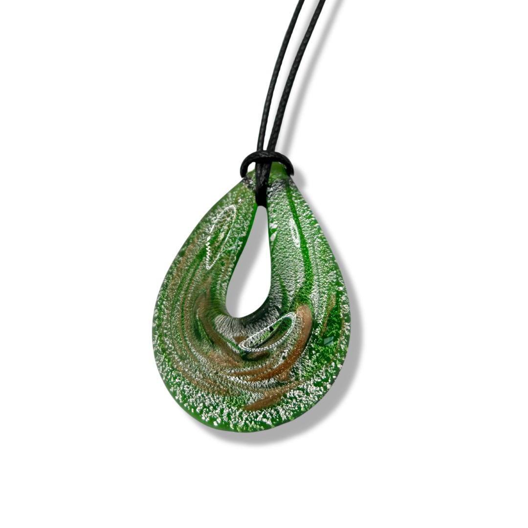 Close up of green tear drop glass blown necklace