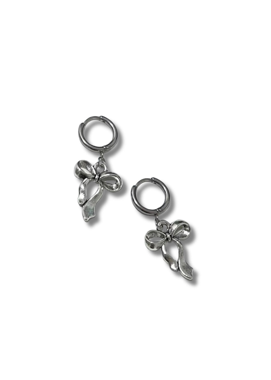 Dangle hoop earrings with bow ribbon shaped silver pendants