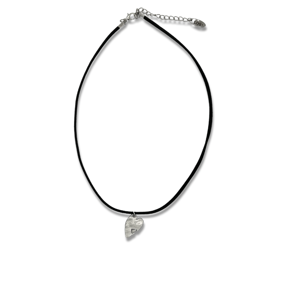 Hammered silver heart necklace on suede cord