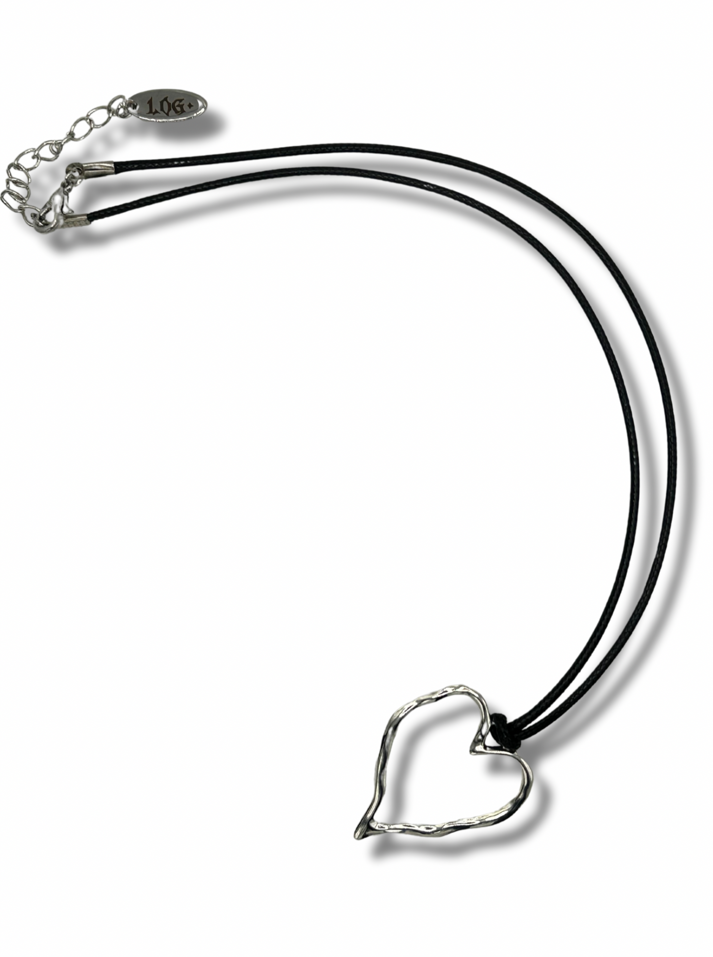 a black leather cord chain with a stainless steel silver hammered heart pendant. it's shiny