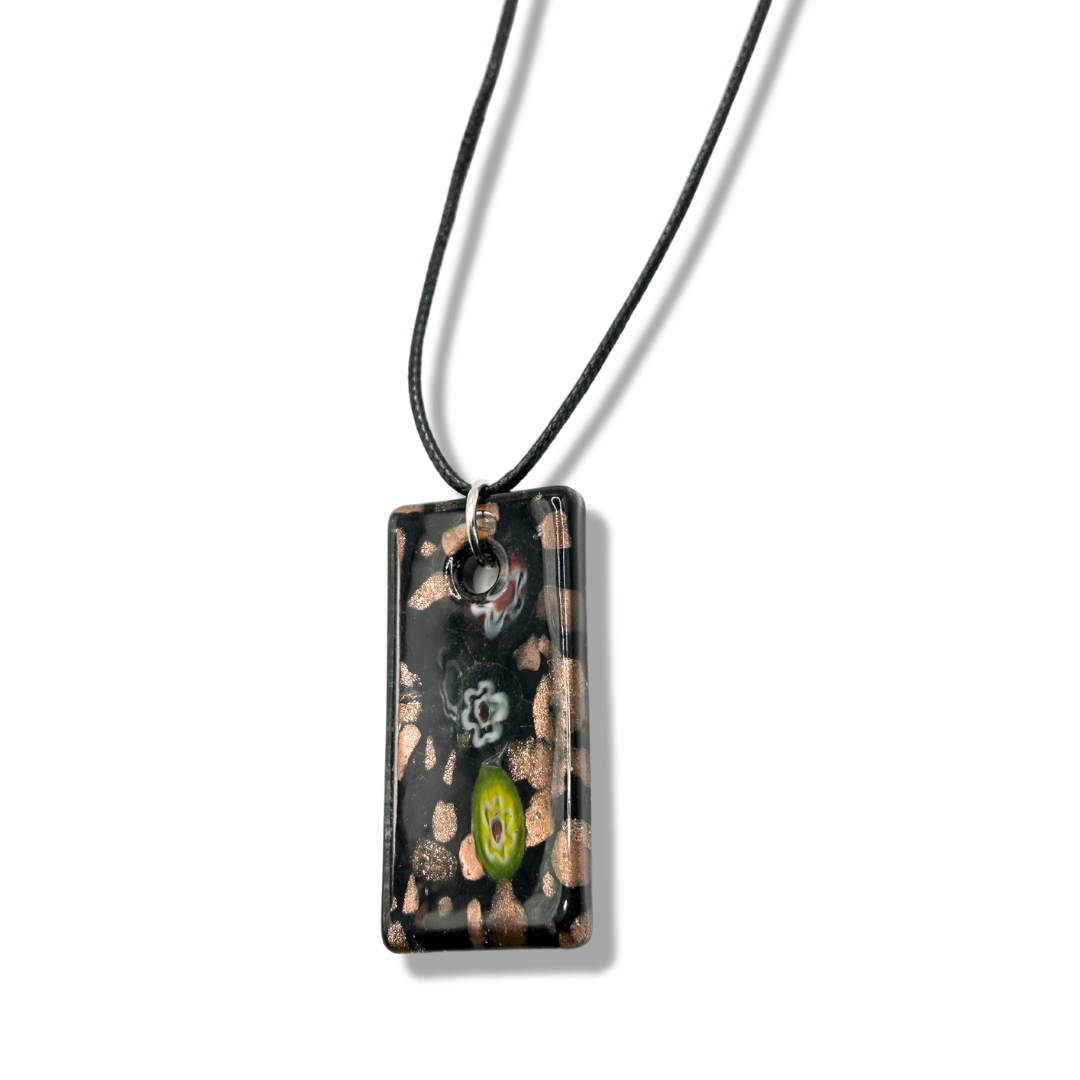 Floral style monolith pendant necklace, with details of coloured flowers