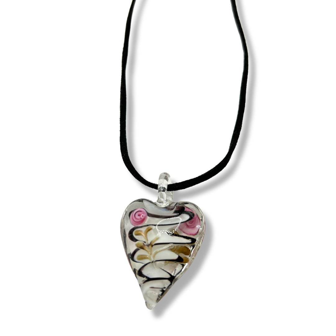 Love heart shaped blown glass floral necklace