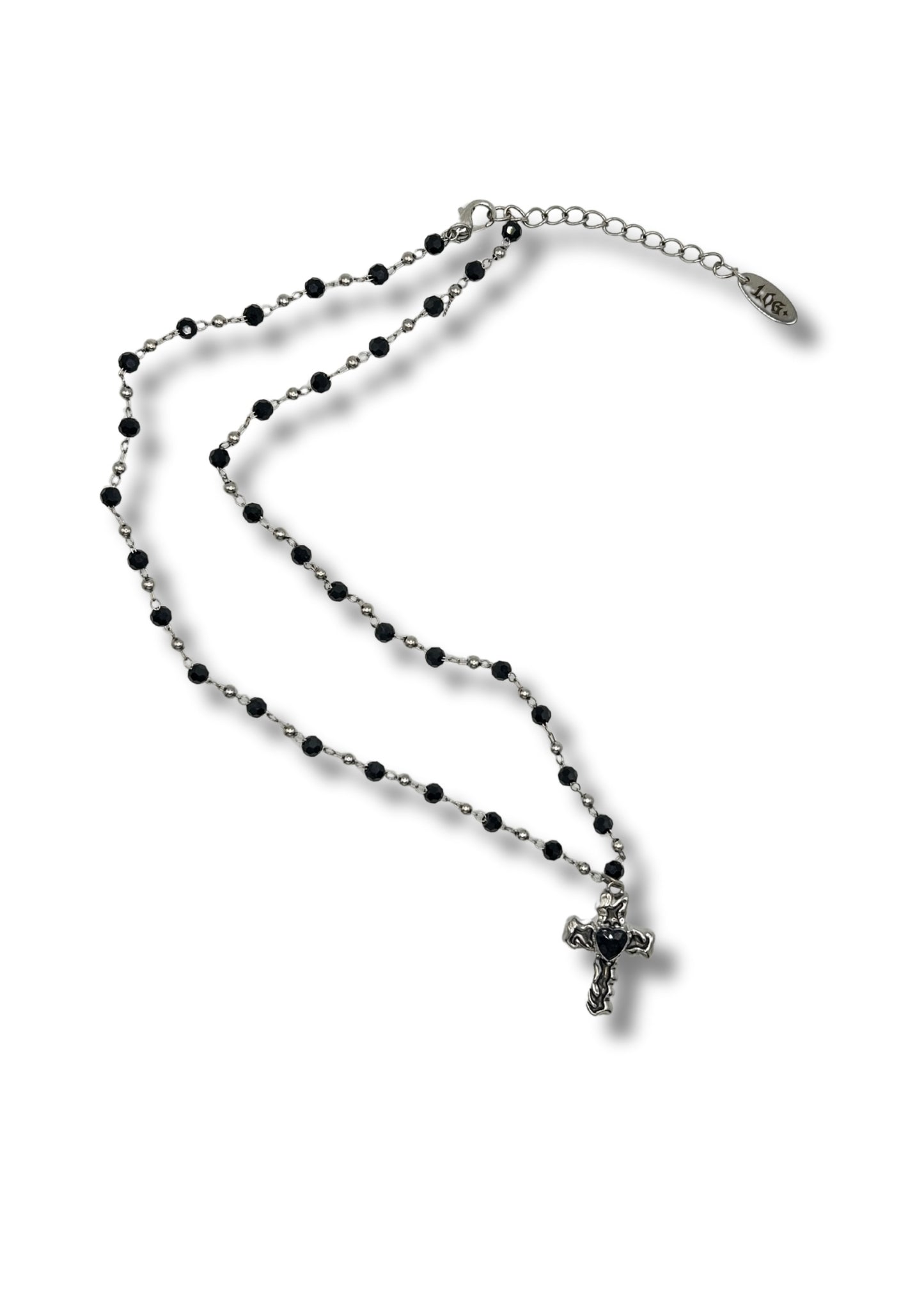 Rosary inspired beaded black and silver pendant necklace with a jewelled cross