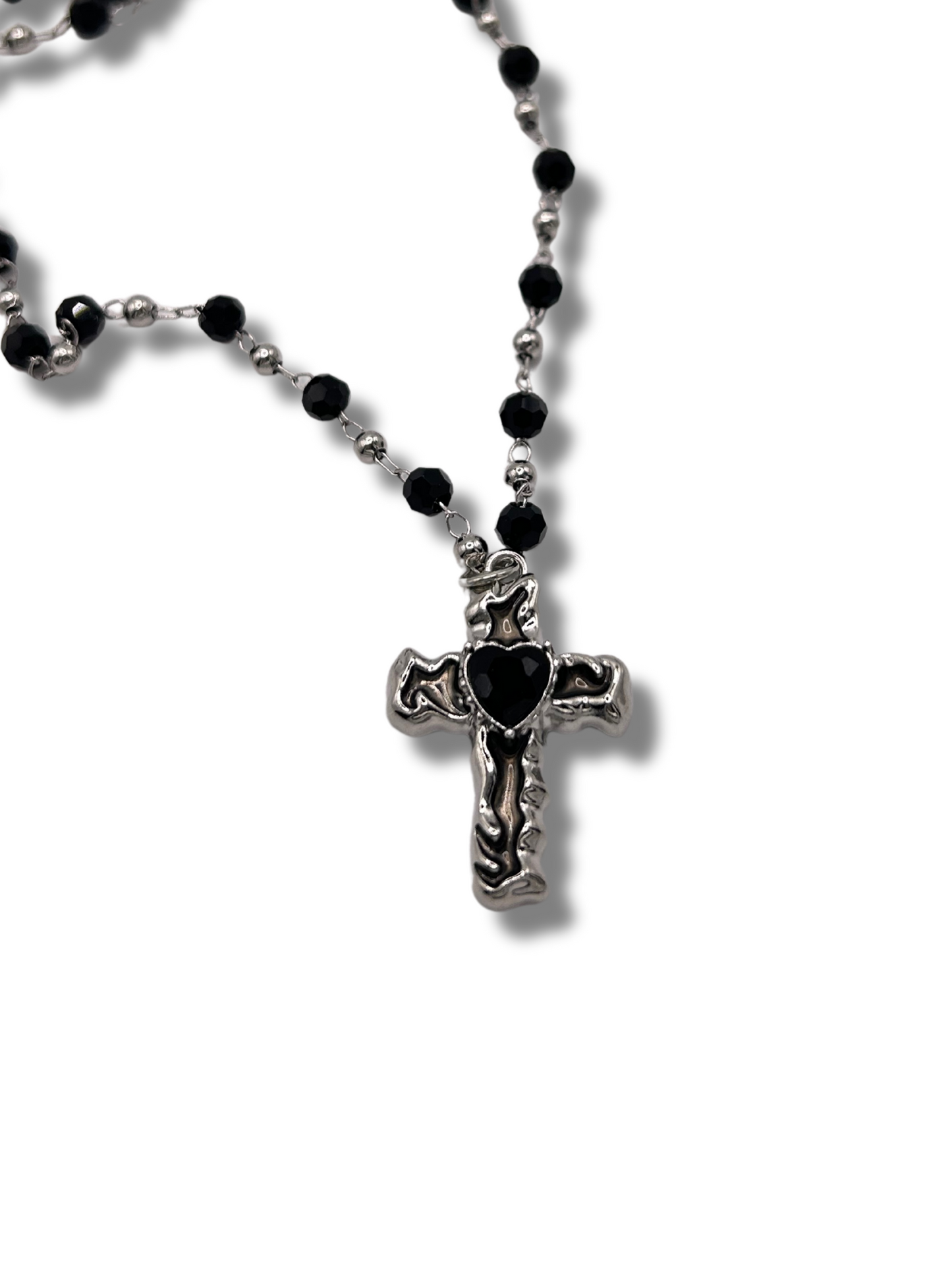 Rosary style cross pendant with black heart in centre and black beads