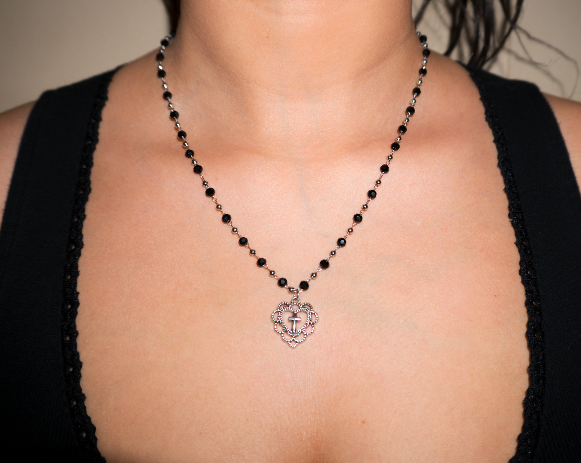 Vintage necklace hanging on neck